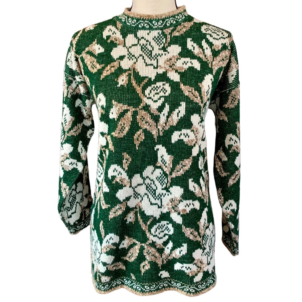 Vintage 80s 90s Floral Long Oversized Shimmer Sweater Size Medium